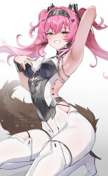 Rule 34 | 1girl, absurdres, arm up, armor, armpits, black bow, blush, bodysuit, boots, bow, breastplate, breasts, collar, commentary, earrings, from side, grin, hair between eyes, hair bow, hair ornament, hairband, headgear, high heel boots, high heels, highres, jewelry, long hair, looking at viewer, lupa (wuthering waves), medium breasts, metal collar, metal hairband, multiple hair bows, pi tayuko, pink hair, red pupils, simple background, smile, solo, squatting, tacet mark (wuthering waves), tail, thigh boots, twintails, white background, white bodysuit, white boots, wolf tail, wrist guards, wuthering waves, yellow eyes