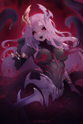 1girl artist_name black_sclera breasts bunnixia colored_sclera coven_nami highres league_of_legends long_hair looking_at_viewer medium_breasts monster_girl nami_(league_of_legends) navel open_mouth pink_hair red_eyes scylla sharp_teeth teeth tentacles upper_teeth_only