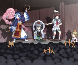 4girls blue_eyes blue_hair brooch chinese_zodiac cosplay crowd dowsing_rod dual_wielding hat holding holding_jewelry holding_ring hood jewelry kesa kneeling kumoi_ichirin multiple_girls murasa_minamitsu nazrin nun pagoda ring sailor_collar sailor_hat shadow short_hair short_sleeves shorts stage sunnysideup sweatdrop toramaru_shou toramaru_shou_(cosplay) touhou unzan wide_sleeves year_of_the_rat