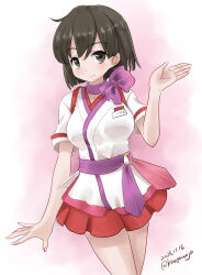 1girl ascot black_hair breasts brown_eyes cowboy_shot cummerbund dated employee_uniform flight_attendant hiryuu_(kancolle) hiryuu_(peach)_(kancolle) kantai_collection kitagawa_mikio medium_breasts name_tag official_alternate_costume one-hour_drawing_challenge peach_(airline) pink_ascot pleated_skirt red_skirt shirt short_hair skirt smile solo travel_attendant twitter_username white_shirt