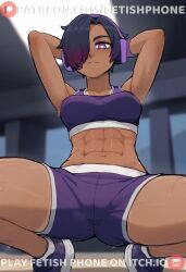 1girl abs ai-assisted architectdev arms_behind_head breasts cameltoe dark-skinned_female dark_skin fetish_phone from_below game_cg gradient_hair gym gym_shorts gym_uniform hair_over_one_eye headphones highres legs looking_down medium_breasts multicolored_hair muscular muscular_female nervous on_floor original purple_eyes purple_hair pussy short_hair short_shorts shorts skin_tight skinny solo solo_focus sports_bra squatting standing stretching sweat sweatdrop thick_thighs thighs through_clothes tomboy very_dark_skin visual_novel wristband