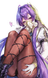 1girl absurdres ahoge breasts esperanza_(shadowverse) feet_out_of_frame gloves heart high_heels highres juliet_sleeves knees_up long_hair long_sleeves mask panties pantyhose puffy_sleeves purple_eyes purple_hair respirator shadowverse shadowverse:_worlds_beyond sitting solo thigh_strap underwear very_long_hair white_gloves x_1031_xter