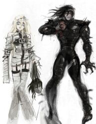 1boy 1girl absurdres alucard618358 alucard_(hellsing) bandage_on_hair bandages belt belt_buckle black_bodysuit black_eyeshadow black_hair blonde_hair blue_eyes bodysuit buckle carrying claws disembodied_head eyeshadow grabbing_another&#039;s_hair hair_between_eyes heart hellsing highres implied_decapitation long_hair looking_at_viewer makeup mina_harker multiple_belts mummy red_eyes too_many too_many_belts vampire white_background