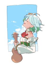 1girl absurdres airenif ascot blue_sky border breasts cecilia_immergreen cecilia_immergreen_(1st_costume) cloud colored_inner_hair commentary detached_sleeves doll_joints english_commentary facing_up green_hair guitar highres holding holding_guitar holding_instrument hololive hololive_english instrument joints long_sleeves multicolored_hair open_mouth outside_border profile red_ascot short_hair sky small_breasts smile solo virtual_youtuber white_border