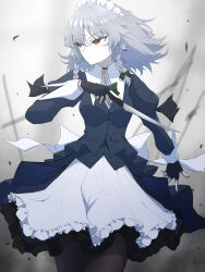 1girl absurdres adapted_costume apron black_gloves bow braid breasts brown_pantyhose closed_mouth commentary_request fingerless_gloves gloves green_bow grey_hair hair_bow highres izayoi_sakuya juliet_sleeves knife long_hair long_sleeves maid maid_headdress pantyhose puffy_sleeves red_eyes smile solo tenx2_1341 touhou twin_braids waist_apron white_apron