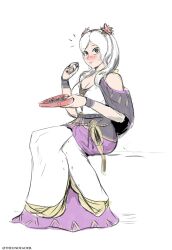 1girl armpit_crease artist_name bare_arms bare_shoulders blush bracelet breasts brown_eyes capelet caught chocolate cleavage clenched_hand collarbone crease dress eating embarrassed eyelashes female_focus female_robin_(fire_emblem) female_robin_(valentine)_(fire_emblem) fingerless_gloves fire_emblem fire_emblem_awakening fire_emblem_heroes flower flower_bracelet food_in_mouth full_body gloves hair_flower hair_ornament halterneck hands_up happy_valentine highres holding_chocolate holding_food invisible_chair lips long_dress long_hair looking_at_viewer medium_breasts mermaid_dress neck nintendo off_shoulder official_alternate_costume pout rope_belt scan sidelocks signature simple_background sitting sleeveless sleeveless_dress spaghetti_strap surprised swept_bangs theundeadeel tight_clothes tight_dress twintails valentine_chocolate white_background white_hair