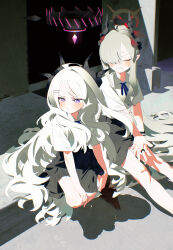 Rule 34 | 2girls, absurdres, ahoge, alternate costume, asymmetrical bangs, bare legs, black ribbon, black skirt, blue archive, blush, bm tol, closed eyes, demon horns, grey hair, hair over one eye, halo, highres, hina (blue archive), horns, long hair, looking to the side, makoto (blue archive), multiple girls, neck ribbon, nervous sweating, one eye covered, outdoors, own hands together, pleated skirt, pointy ears, pout, ribbon, school uniform, shirt, short sleeves, sitting, skirt, sweat, v-shaped eyebrows, very long hair, white shirt