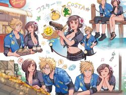 1boy 1girl black_hair blonde_hair bomb_(final_fantasy) breasts cleavage cloud_strife cloud_strife_(ocean_chocobo) couple crop_top fat_chocobo final_fantasy final_fantasy_vii final_fantasy_vii_rebirth final_fantasy_vii_remake flower front-tie_top hair_flower hair_ornament hawaiian_shirt hetero highres linono official_alternate_costume official_alternate_hairstyle pier sabotender sandals shirt short_shorts shorts sitting speech_bubble spiked_hair thought_bubble tifa_lockhart tifa_lockhart_(majestic_glamour) water wind_chime