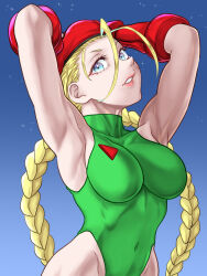 1girl antenna_hair arms_behind_head badge beret blonde_hair blue_background blue_eyes braid breasts cammy_white covered_navel curvy green_leotard hair_between_eyes hat hdun2273 heattech_leotard highleg highleg_leotard leotard lips long_hair looking_at_viewer medium_breasts red_hat shiny_skin solo street_fighter thong_leotard turtleneck twin_braids wide_hips
