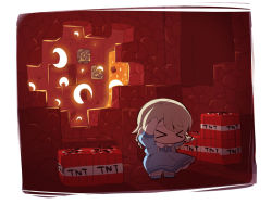 &gt;_&lt; 1girl arms_up bad_id bad_pixiv_id blue_dress blue_footwear cave_interior chibi closed_eyes cowering dress explosion explosive hands_on_own_head idolmaster idolmaster_cinderella_girls indoors light_brown_hair long_hair minecraft lava morikubo_nono puffy_short_sleeves puffy_sleeves ringlets shoes short_sleeves tnt tnt_block_(minecraft) uccow