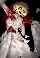 absurdres blood blood_on_hands body_fur centauroid chimera dungeon_meshi falin_touden falin_touden_(chimera) feathers hair_around_ear highres khrnnfz monster_girl slit_pupils stab taur white_feathers yellow_eyes