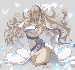 1girl armpits breasts commentary_request corrin_(female)_(adrift)_(fire_emblem) corrin_(female)_(fire_emblem) corrin_(fire_emblem) covered_navel dress elbow_gloves fire_emblem fire_emblem_fates fire_emblem_heroes floating_hair gloves grey_hair hair_between_eyes hand_in_own_hair highres karashino long_hair medium_breasts nintendo official_alternate_costume pointy_ears red_eyes single_elbow_glove sleeveless sleeveless_dress slit_pupils solo thighs twitter_username veil very_long_hair white_dress white_gloves