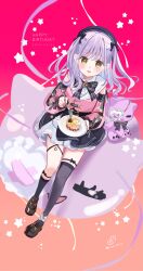 1girl :d absurdres asymmetrical_legwear beret black_bow black_hat black_skirt black_socks blue_hair blush bow brown_eyes brown_shoes cake collared_shirt commentary_request crescent dated dress_shirt eyepatch food fork full_body grey_hair grey_thighhighs hair_bow happy_birthday hat heart heart_eyepatch highres holding holding_fork holding_plate jacket loafers long_hair long_sleeves looking_at_viewer multicolored_hair open_mouth pink_jacket plate puffy_long_sleeves puffy_sleeves rino_cnc shinomiya_runa shirt shoes skirt smile socks solo star_(symbol) striped_bow stuffed_animal stuffed_cat stuffed_toy thighhighs two-tone_hair two_side_up virtual_youtuber vspo! white_shirt