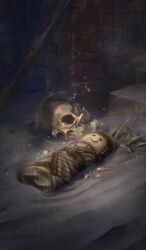 Rule 34 | bone, brick wall, commentary request, doll, fate/grand order, fate (series), game cg, higashiyama hayato, light particles, no humans, official art, sand, skeleton, skull, still life, third-party source
