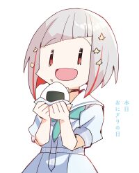 1girl :d aqua_neckerchief black_choker blue_dress bob_cut choker commentary dress food grey_hair hair_ornament highres holding holding_food inverted_bob kanduki_kamibukuro link!_like!_love_live! love_live! multicolored_hair neckerchief onigiri open_mouth puffy_short_sleeves puffy_sleeves red_eyes red_hair sailor_collar sailor_dress short_sleeves simple_background smile solo star_(symbol) star_hair_ornament streaked_hair summer_uniform translation_request virtual_youtuber white_background white_sailor_collar yugiri_tsuzuri