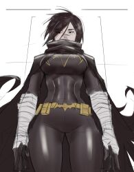 1girl animal_print animification bandaged_wrists bat_print batgirl batman_(series) belt black_hair bodysuit breasts cape cassandra_cain commentary covered_navel dc_comics from_below highres looking_at_viewer medium_breasts rosetoya short_hair solo superhero_costume utility_belt