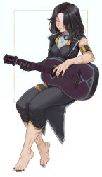 1girl arm_tattoo armlet barefoot black_hair black_nails cheshirrr clair_obscur:_expedition_33 closed_eyes foot_tattoo gloves gold_tattoo highres instrument invisible_chair jewelry lune_(clair_obscur:_expedition_33) music nail_polish playing_guitar playing_instrument single_glove sitting smile solo tattoo toenail_polish toenails toes