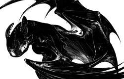 animal animal_focus dragon greyscale high_contrast how_to_train_your_dragon_(series) looking_to_the_side monochrome no_humans piyomotsu simple_background solo toothless white_background wings