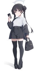 Rule 34 | 1girl, absurdres, bag, black jacket, black shorts, blue archive, boots, breasts, cellphone, double bun, dress shirt, full body, gamoweh, hair bun, halo, handbag, high-waist shorts, high heel boots, high heels, highres, holding, holding bag, holding weapon, jacket, kisaki (blue archive), petite, phone, platform boots, platform heels, shirt, short shorts, shorts, small breasts, smartphone, solo, thigh boots, twintails, weapon, white shirt
