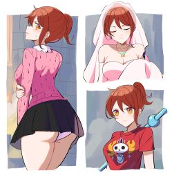 1girl absurdres ass bare_shoulders black_skirt blush breasts bridal_veil cleavage clima-tact closed_mouth collarbone commentary cowboy_shot dress earrings elbow_gloves from_behind gloves high_ponytail highres jewelry kasuga_kaya large_breasts long_sleeves looking_at_viewer looking_back miniskirt multiple_views nami_(one_piece) necklace official_alternate_costume official_alternate_hairstyle one_piece orange_eyes orange_hair pink_dress pink_shirt pleated_skirt ponytail print_shirt red_shirt shirt short_hair single_sidelock skirt strapless strapless_dress sweatdrop thighs three_quarter_view upper_body veil wedding_dress