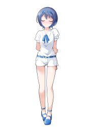 1girl ankle_strap arms_behind_back bare_legs belt blue_belt blue_hair blue_hairband blue_ribbon blue_shoes blush breasts cevio closed_eyes collarbone commentary_request dairi facing_viewer full_body hairband highres large_variant_set mary_janes neck_ribbon parted_lips puffy_short_sleeves puffy_sleeves ribbon shirt shoes short_hair short_shorts short_sleeves shorts small_breasts solo standing straight-on suzuki_tsudumi tachi-e tears transparent_background variant_set white_shirt white_shorts