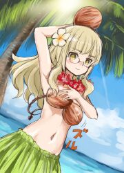 1girl beach blonde_hair blue_sky cloud cloudy_sky coconut_bra day flower glasses hair_flower hair_ornament highres long_hair murayama_kei navel ocean outdoors palm_tree perrine_h._clostermann plant_clothing skirt sky solo standing stomach strike_witches tree world_witches_series yellow_eyes