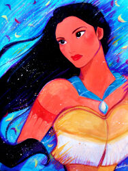 1girl arabian_clothes black_hair breasts brown_eyes cleavage dark-skinned_female dark_skin jewelry long_hair looking_at_viewer native_american native_american_clothes necklace nyamunekonabe petals pocahontas_(disney) pocahontas_(movie) solo tagme toon_(style)