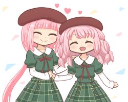 2girls :d ^_^ bad_id bad_twitter_id beret blunt_bangs blush braid brown_hat buttons closed_eyes closed_mouth collared_shirt cosplay dot_nose facing_viewer green_shirt green_skirt happy hat heart holding_hands juliet_sleeves layered_sleeves long_hair long_sleeves magia_record:_mahou_shoujo_madoka_magica_gaiden mahou_shoujo_madoka_magica multiple_girls neck_ribbon open_mouth pink_hair plaid_clothes plaid_skirt puffy_short_sleeves puffy_sleeves red_ribbon reverse_(bluefencer) ribbon school_uniform shirt short_over_long_sleeves short_sleeves siblings sidelocks simple_background sisters skirt smile st._liliana&#039;s_academy_school_uniform tamaki_iroha tamaki_ui very_long_hair white_background white_shirt