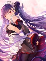 1girl ;) absurdres apron arm_behind_back ass azur_lane bare_shoulders black_dress blush breasts cross detached_collar detached_sleeves dress fang felix_schultz_(azur_lane) felix_schultz_(sweet_sleepy_&quot;revenge&quot;)_(azur_lane) frilled_dress frills from_below from_side highres iron_cross long_hair looking_at_viewer looking_back looking_down maid_headdress o7fian one_eye_closed pantyhose purple_hair red_eyes small_breasts smile solo twintails upskirt very_long_hair waist_apron white_apron