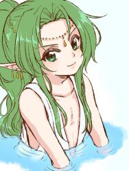 1boy closed_mouth forneus green_eyes green_hair long_hair looking_at_viewer male_focus pointy_ears romancing_saga_3 saga sm156 smile solo trap water