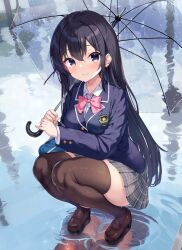 1girl absurdres black_hair blazer blush bow bowtie breasts brown_eyes brown_thighhighs full_body grey_skirt highres holding holding_umbrella jacket large_breasts long_sleeves looking_at_viewer ochinsama original outdoors panties pantyshot pink_bow pink_bowtie plaid_clothes plaid_skirt pleated_skirt rain reflection reflective_water shirt skirt sky smile solo squatting standing standing_on_liquid thighhighs transparent transparent_umbrella umbrella underwear water white_panties white_shirt