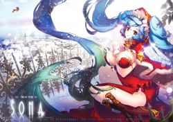 1girl absurdly_long_hair between_breasts blue_hair blue_n boots breasts brown_eyes capelet christmas dress female_focus fur_trim knee_boots large_breasts league_of_legends long_hair red_dress silent_night_sona sitting smile snowing solo sona_(league_of_legends) sparkle twintails very_long_hair wariza watermark wrist_cuffs