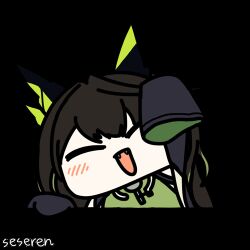 1girl animal_ears animated animated_gif arknights artist_name black_hair blush cat_ears chibi closed_eyes dress facing_viewer fangs green_dress lowres medium_hair mon3tr_(arknights) motion_lines open_mouth seseren sleeves_past_fingers sleeves_past_wrists smile solo waving