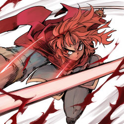 &gt;:( 1girl attack blood coat dynamic_pose energy floating_blood floating_hair floating_liquid grey_coat grey_pants holding holding_weapon knight light_particles looking_ahead motion_lines orange_eyes orange_hair original pants red_scarf rightorisamraido3 scarf serious solo speed_lines v-shaped_eyebrows weapon white_background