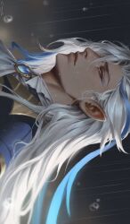 Rule 34 | 1boy, ascot, asymmetrical bangs, blue brooch, blue coat, blue eyeliner, blue gemstone, blue streaks, brooch, coat, commentary, crovius, english commentary, eyeliner, from side, gem, genshin impact, grey eyes, highres, jewelry, long hair, makeup, male focus, multicolored hair, neuvillette (genshin impact), parted lips, pointy ears, rain, signature, solo, streaked hair, upper body, water drop, white ascot, white hair
