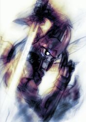 Rule 34 | 1boy, armor, fake horns, glowing, glowing eyes, helmet, holding, holding sword, holding weapon, horned helmet, horns, insect wings, kawano takuji, knee up, kuji-in, male focus, mask, ninja, official art, reverse grip, simple background, skull mask, solo, sword, tekken, tekken 4, weapon, white background, wings, yoshimitsu (namco)