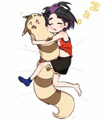 &gt;_&lt; 1boy black_hair black_shorts blue_socks blush_stickers closed_eyes full_body furret gen_2_pokemon hug kieran_(pokemon) lying multicolored_hair nintendo on_side open_mouth pokemon pokemon_(creature) pokemon_sv purple_hair red_tank_top shorts simple_background single_sock sleeping socks ssyrgxb tank_top white_background zzz
