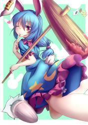 1girl ? absurdres animal_ears aqua_background blue_dress blue_hair bullet dango dior-zi dress earclip finger_to_mouth food food_in_mouth frilled_skirt frilled_sleeves frills heart highres kine long_hair looking_at_viewer looking_back low-tied_long_hair mallet one_eye_closed ponytail rabbit_ears rabbit_tail red_eyes ringo_(touhou) ringo_(touhou)_(bunny) seiran_(touhou) short_sleeves skirt smile tail touhou wagashi