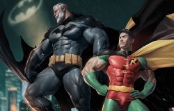 2boys bara batman batman_(series) beard black_cape black_gloves black_hair bodysuit boots bruce_wayne cape closed_mouth covered_abs dc_comics dick_grayson facial_hair gloves green_gloves grey_bodysuit hands_on_own_hips large_pectorals male_focus multiple_boys muscular muscular_male night night_sky outdoors pectorals robin_(dc) short_hair silverjow sky thick_thighs thighs white_hair
