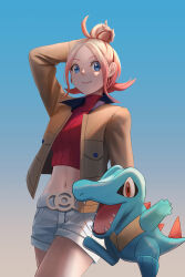 1girl arm_up belt blonde_hair blue_eyes breasts brown_jacket closed_mouth commentary cowboy_shot crop_top cropped_shirt gen_2_pokemon gradient_hair hair_bun hand_on_own_head highres jacket long_sleeves looking_at_viewer medium_breasts midriff multicolored_hair navel nintendo open_clothes open_jacket open_mouth parted_bangs pink_hair pokemon pokemon_(creature) pokemon_legends:_z-a red_shirt red_shoes redpoke ribbed_shirt shirt shoes short_shorts shorts sidelocks smile standing taunie_(pokemon) totodile turtleneck turtleneck_shirt white_belt white_shorts