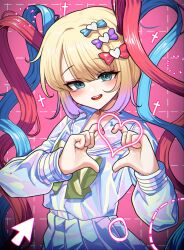 1girl blonde_hair blue_bow blue_eyes blue_serafuku blush bow breasts chouzetsusaikawa_tenshi-chan cursor hair_between_eyes hair_bow hair_ornament heart heart_hair_ornament heart_hands highres holographic_clothing long_hair looking_at_viewer multicolored_hair multiple_hair_bows needy_girl_overdose open_mouth purple_bow quad_tails sareudal school_uniform serafuku shirt skirt small_breasts smile solo yellow_bow