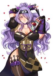 Rule 34 | 1girl, arm behind head, arm up, breasts, camilla (fire emblem), camilla (ninja) (fire emblem), cleavage, fingerless gloves, fire emblem, fire emblem heroes, gloves, hair over one eye, highres, holding, holding scroll, holding shuriken, holding weapon, large breasts, long hair, ninja, nintendo, purple eyes, purple hair, scroll, shuriken, sierra117renner, solo, thick thighs, thighs, weapon