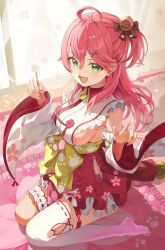 1girl ahoge atatatatame01 bell breasts cherry_blossom_print commentary_request curtains day detached_sleeves double-parted_bangs fingernails floating_hair floral_print frilled_kimono frilled_thigh_strap frills green_eyes hair_bell hair_between_eyes hair_ornament hakama hakama_short_skirt hakama_skirt highres hip_vent holding hololive indoors japanese_clothes kimono large_breasts long_fingernails long_hair looking_at_viewer mimikaki nail_polish no_shoes one_side_up open_mouth paw_print pink_hair pink_nails red_hakama sakura_miko sakura_miko_(1st_costume) sash sideless_kimono single_thighhigh sitting skirt sleeveless sleeveless_kimono smile solo sparkling_eyes thigh_strap thighhighs virtual_youtuber wariza white_kimono white_sleeves white_thighhighs wide_sleeves x_hair_ornament yellow_sash