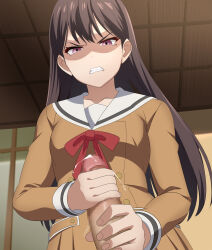 1boy 1girl bang_dream! bang_dream!_it&#039;s_mygo!!!!! brown_dress brown_hair censored collarbone dress glaring hanasakigawa_school_uniform handjob hetero highres indoors long_hair looking_at_viewer magukappu mole mole_under_eye mosaic_censoring open_mouth penis precum purple_eyes red_ribbon ribbon sailor_collar sailor_dress school_uniform serafuku shaded_face shiina_taki two-handed_handjob white_sailor_collar winter_uniform