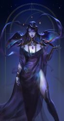 1girl absurdres ancient_greek_clothes black_hair black_nails commentary dark_background daryakozh earrings english_commentary forehead_jewel glowing glowing_eyes gorget greco-roman_clothes hades_(series) hades_1 highres jewelry lipstick long_hair looking_at_viewer makeup mature_female nail_polish nyx_(hades) pale_skin purple_lips skull_ornament solo star_(symbol) star_symbol_background straight-on yellow_eyes
