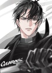 1boy artist_name black_coat black_eyes black_gloves black_hair black_shirt blurry blurry_foreground coat gearous gloves high_collar highres holding holding_weapon korean_commentary looking_at_viewer male_focus omniscient_reader&#039;s_viewpoint parted_lips shirt short_hair simple_background smoke solo teeth upper_body weapon white_background yoo_joonghyuk