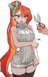 Rule 34 | 1girl, absurdres, bare arms, bare shoulders, black thighhighs, commentary, cowboy shot, earrings, english commentary, english text, grey sweater, highres, holding, holding scissors, hyyun ho, jewelry, june (hyyun ho), long hair, meme attire, open mouth, orange eyes, orange hair, original, ponytail, scissors, simple background, solo focus, sweater, thighhighs, very long hair, virgin killer sweater, white background
