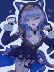 Rule 34 | 1girl, animal ear fluff, animal ears, animal hood, black gloves, black leotard, blue background, blue eyes, breasts, cat ears, cat girl, cat hood, cat tail, cipher (honkai: star rail), cleavage, fingerless gloves, gloves, grey hair, hashtag-only commentary, highres, honkai: star rail, honkai (series), hood, hooded leotard, leotard, looking at viewer, medium breasts, mole, mole on breast, open mouth, rl9630, short hair with long locks, solo, tail, thighs