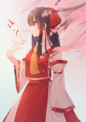 1girl absurdres ascot black_hair blunt_bangs chest_sarashi collared_shirt detached_sleeves fox_mask hair_between_eyes hair_ribbon hair_tubes hakurei_reimu highres hina_(uhnt4478) holding holding_mask long_hair mask no_panties red_lips red_nails red_ribbon red_shirt red_skirt ribbon sarashi shirt sidelocks skirt sleeveless sleeveless_shirt solo touhou yellow_ascot