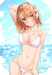bikini bikini_pull blush brains_base_(studio) breasts clothes_pull groin head_tilt highres horizon isshiki_iroha large_breasts light_erotic long_image looking_at_viewer nude_filter_request ocean orange_eyes orange_hair panties panty_pull sahara386 sahara_gensei see-through_clothes short_hair sideboob single sparkle swimsuit tall_image underboob underwear undressing white_bikini yahari_ore_no_seishun_love_comedy_wa_machigatteiru. yahari_ore_no_seishun_lovecome_wa_machigatteiru.